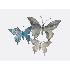 Glitter Butterfly Decorations In Blue and Silver Set of 3